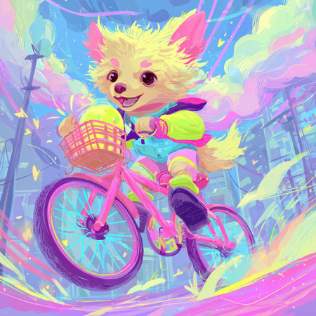Cute Chihuahua rides a bicycle in the city. Vector illustration.の素材