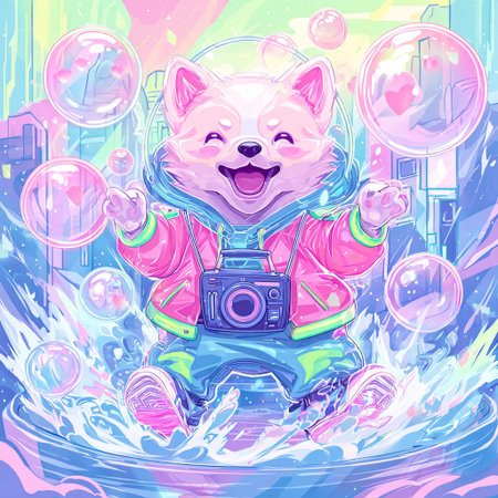Cute cartoon cat astronaut in spacesuit with a camera and bubbles.の素材