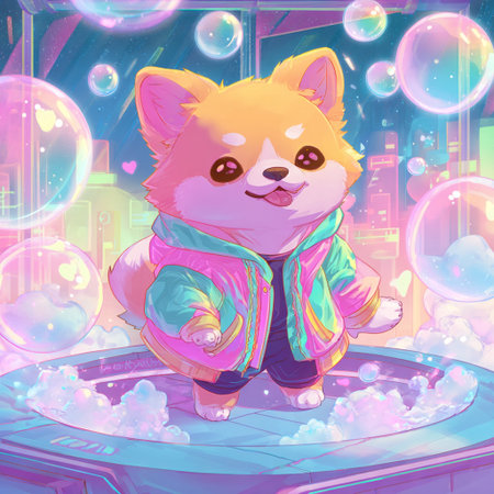 Cute cartoon shiba inu puppy in a raincoat on the background of soap bubblesの素材