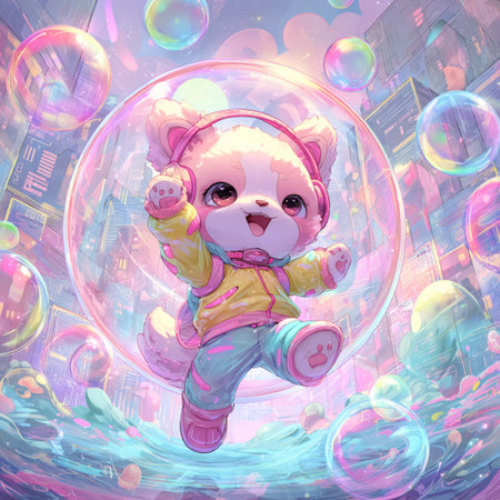 Teddy bear with headphones on the background of the city and bubblesの素材