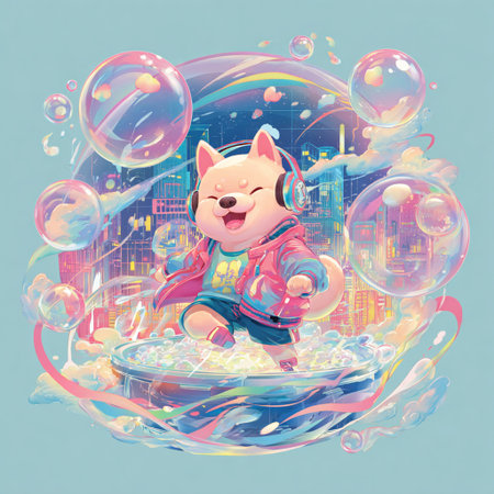 Cute dog playing with soap bubbles in the city, illustration.の素材