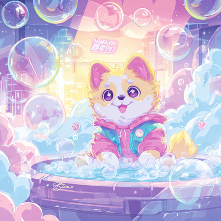 Cute cartoon Pomeranian puppy in a bathtub. Vector illustration.の素材