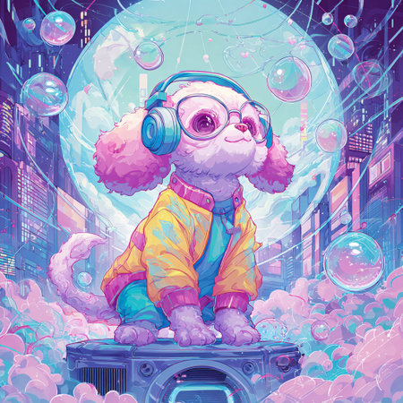 Cute cartoon clown with headphones on the background of the night cityの素材