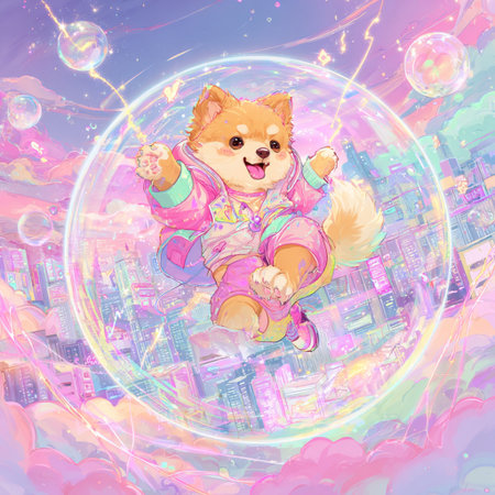 Pomeranian puppy in a pink jumpsuit on the background of the city.の素材