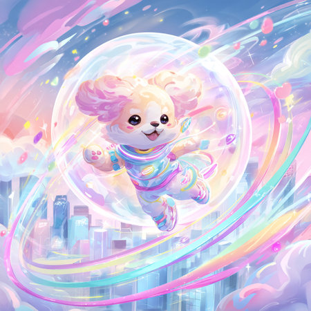 Cute cartoon teddy bear with rainbow background. Vector illustration.の素材