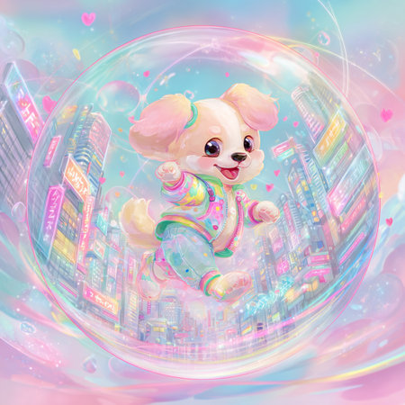 Cute cartoon dog in the city. Colorful illustration for children.の素材