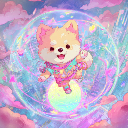 Cute cartoon pomeranian dog in a pink scarf sits on the planet. Vector illustration.の素材
