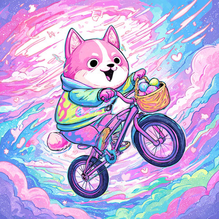 Siberian husky riding a bike with a basket of sweetsの素材