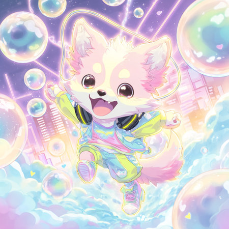 Cute Cartoon Chihuahua on the background of soap bubblesの素材