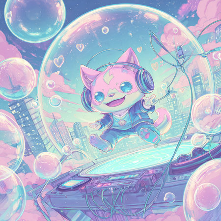 Cute cartoon cat in headphones on the background of soap bubbles.の素材