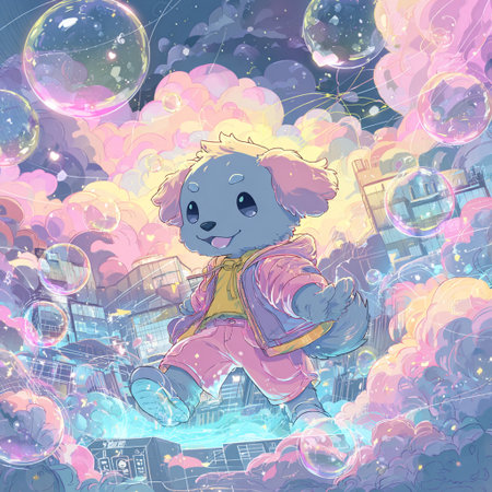 Cute cartoon koala in a pink jumpsuit rides on the road among the clouds.の素材