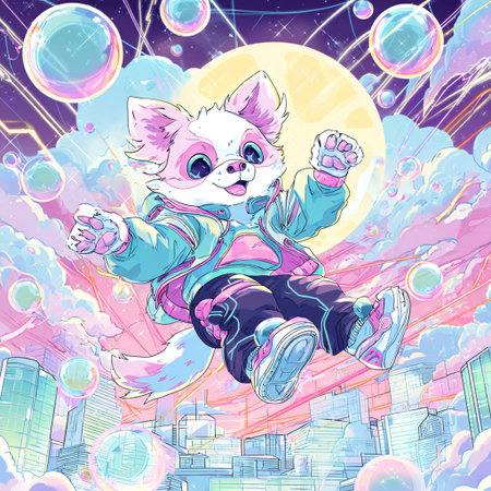 Cute cartoon Chihuahua sits on the background of the night city.の素材