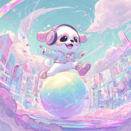 Cute cartoon dog with headphones and a big ball in the cityの素材
