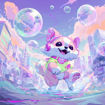 Vector illustration of a cute cartoon dog in the city with soap bubblesの素材