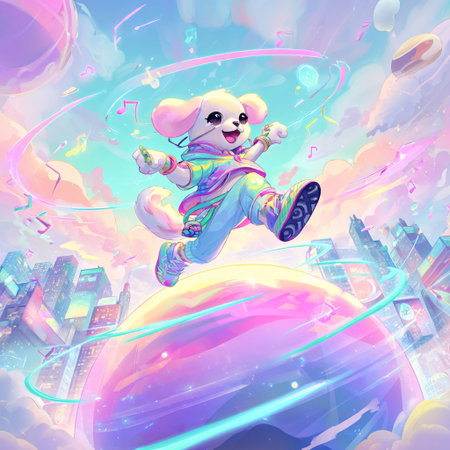 Illustration of a cute white dog flying in the sky with planetsの素材