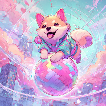 Cute cartoon shiba inu dog on the background of the city.の素材