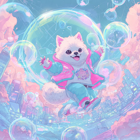 Cute cartoon pomeranian dog sitting in the bubble. Vector illustration.の素材
