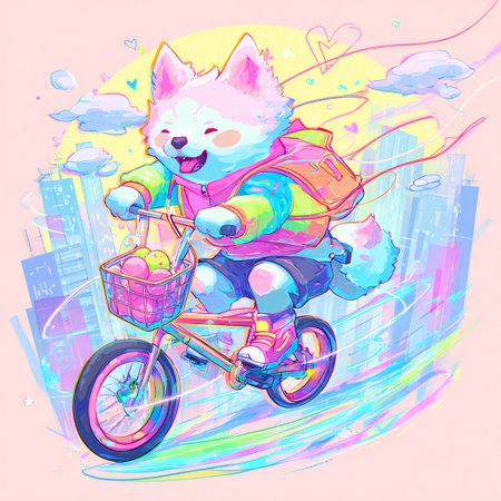 Cute cartoon siberian husky rides a bicycle in the city.の素材
