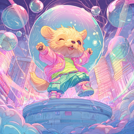 Cartoon illustration of a cute little fox sitting on a flying saucer in the city.の素材