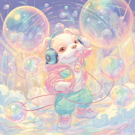 Cute cartoon hippopotamus with headphones and bubbles in the city.の素材