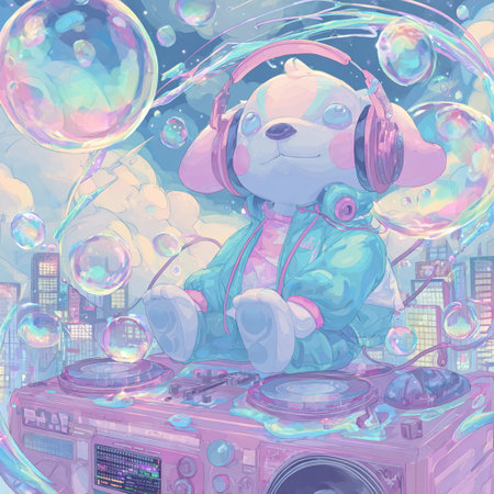 Cute teddy bear DJ with headphones and mixer. Vector illustration.の素材