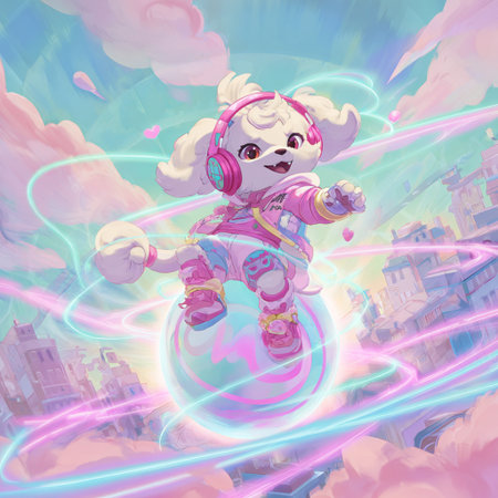 Cute cartoon sheep with headphones on the background of the city.の素材