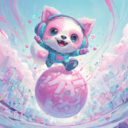 Cute cartoon dog with headphones in the city. Digital painting.の素材