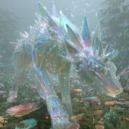 3D rendering of a fantasy dragon in a fantasy forest with flowersの素材