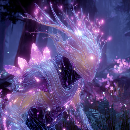 3D rendering of a fantasy dragon in the forest with fairy lightsの素材