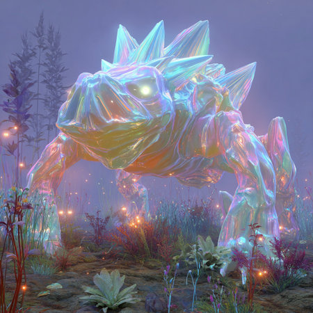 3D rendering of a fantasy alien creature in the forest at nightの素材