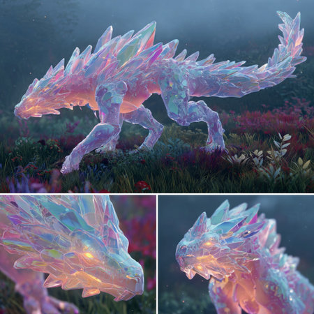 3D rendering of a fantasy dragon in a meadow with flowersの素材