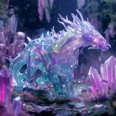 3D illustration of a fantasy dragon in the water with purple crystalsの素材