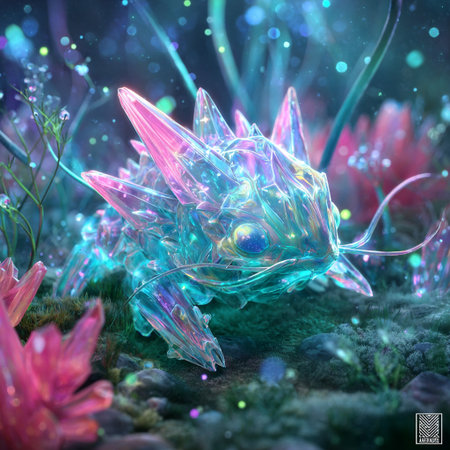 3D illustration of an abstract colorful background with a glowing crystal fishの素材