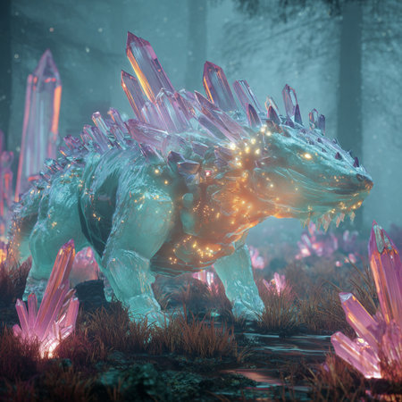 3d rendering of a fantasy dragon in the forest with crystal crystalsの素材