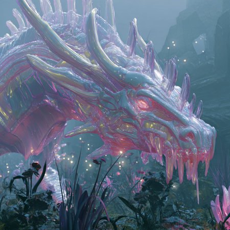 3D rendering of a fantasy dragon with neon lights and fantasy plantsの素材