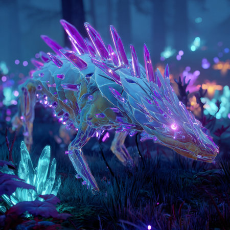 3d render of a fantasy dragon in the forest with neon lightsの素材