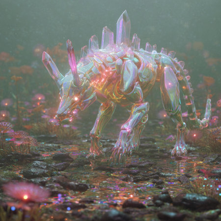 3D rendering of a fantasy alien creature on a foggy backgroundの素材