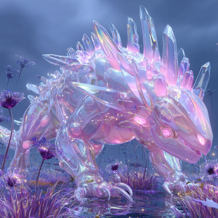 3D rendering of a fantasy dragon in the water with purple flowersの素材