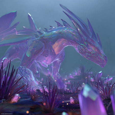 3D illustration of fantasy alien landscape with a beautiful dragon in neon lightの素材