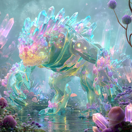 3D illustration of a fantasy alien creature in the water with flowersの素材