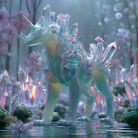 3d rendering of a unicorn in a fantasy forest with crystal ballの素材