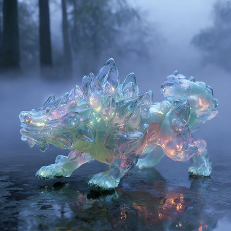 Ice sculpture in a misty forest. 3D render illustration.の素材