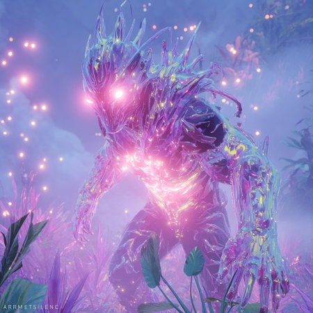 3D illustration of a fantasy alien in the forest with neon lightsの素材
