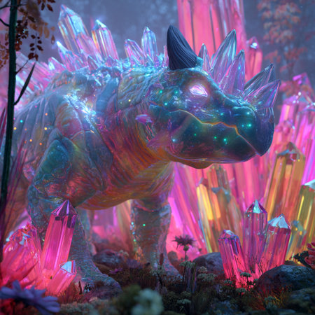 3D rendering of a fantasy dragon in a fantasy forest with neon lightsの素材