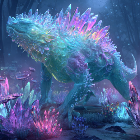 3D rendering of a fantasy dragon in a fantasy forest with flowersの素材