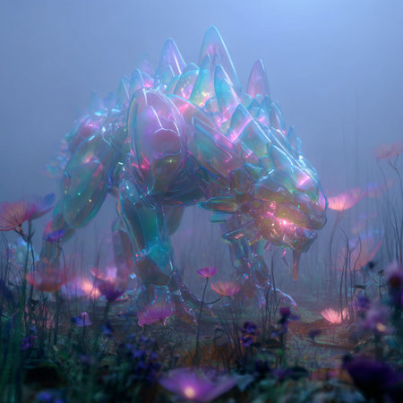 3d rendering of a fantasy alien in a foggy meadowの素材