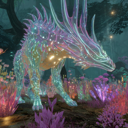 3D render of a fantasy dragon in the forest with flowers.の素材