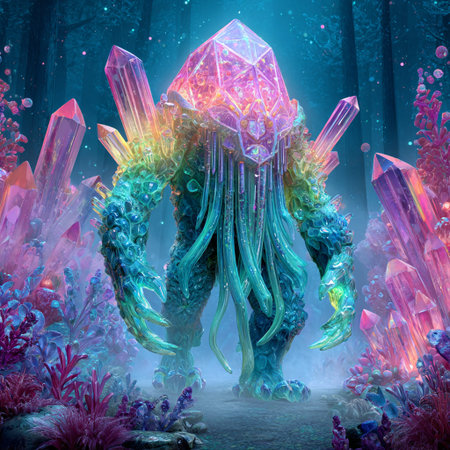 3D illustration of fantasy alien creature with crystal on the background of the forestの素材