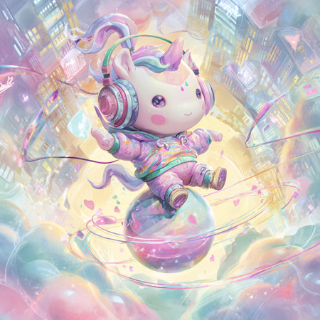 Kawaii girl with headphones on the planet. 3d illustrationの素材