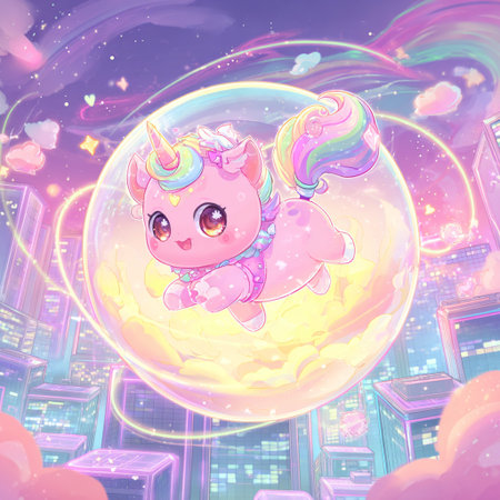 Cute unicorn with rainbow on the background of the night city.の素材